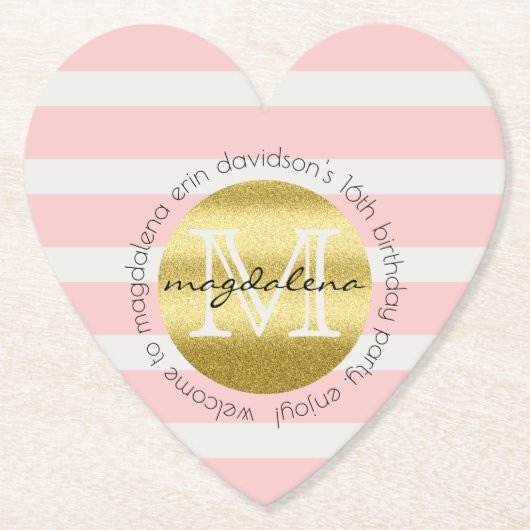 Trendy Monogram Gold Glitter Blush Pink Stripes Kartonnen Onderzetters (Voorkant)