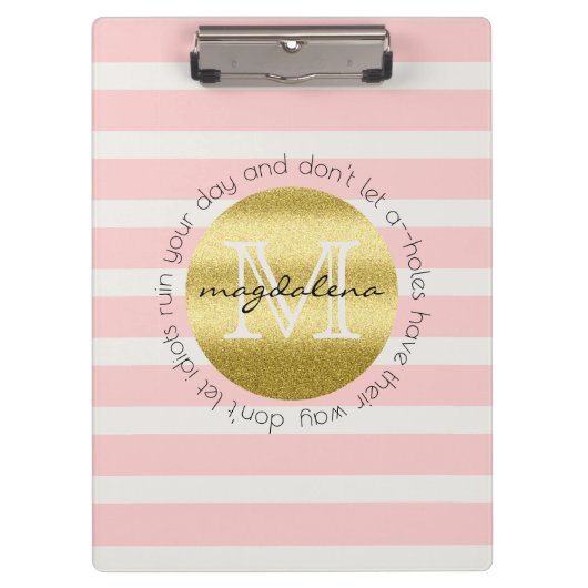Trendy Monogram Gold Glitter Blush Pink Stripes Klembord (Voorkant)