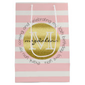 Trendy Monogram Gold Glitter Blush Pink Stripes Medium Cadeauzakje (Achterkant)
