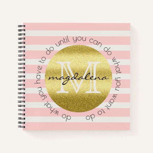Trendy Monogram Gold Glitter Blush Pink Stripes Notitieboek (Voorkant)