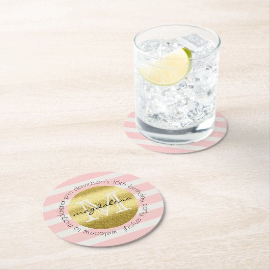 Trendy Monogram Gold Glitter Blush Pink Stripes Ronde Kartonnen Onderzetter (Insitu)