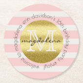 Trendy Monogram Gold Glitter Blush Pink Stripes Ronde Kartonnen Onderzetter (Voorkant)