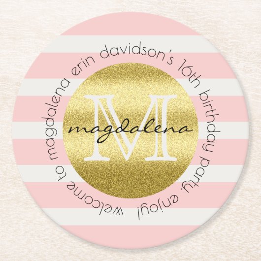 Trendy Monogram Gold Glitter Blush Pink Stripes Ronde Kartonnen Onderzetter (Voorkant)