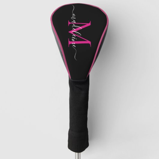 Trendy Monogram Hot Pink & Black Golf Head Hoesje Golfheadcover (Voorkant)