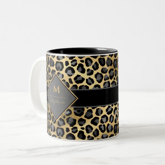 Trendy Monogram Leopard Print | Zwart grijs en gou Tweekleurige Koffiemok (Voorkant links)