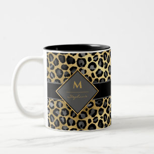 Trendy Monogram Leopard Print Zwart grijs en gou Tweekleurige Koffiemok