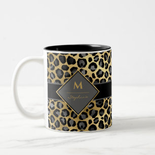 Trendy Monogram Luipaardprint Zwart Grijs & Goud Tweekleurige Koffiemok