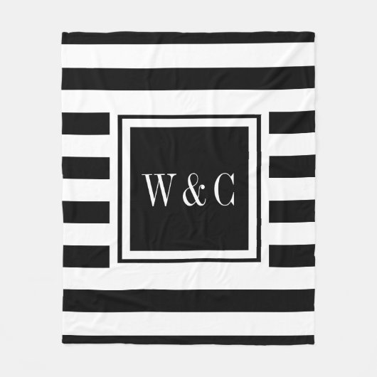 Trendy Monogram Moderne Zwart Witte Streep Fleece Deken (Voorkant)