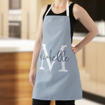 Trendy Monogram Name Initiaal Script Dusty Blue Schort<br><div class="desc">Trendy Monogram Name Initiaal Script Dusty Blue. Eenvoudig aan te passen.</div>