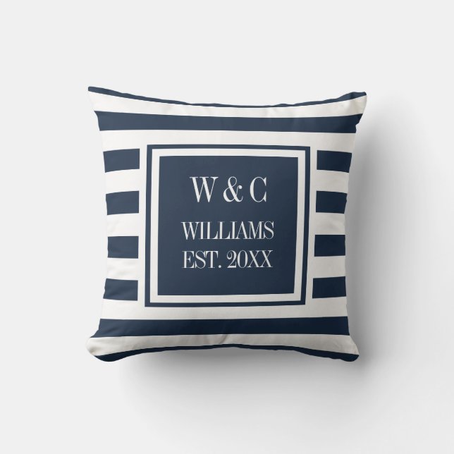 Trendy Monogram Navy Blauw Wit Streep Kussen (Voorkant)