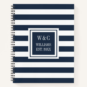 Trendy Monogram Navy Blauwe Streep Familienaam Notitieboek