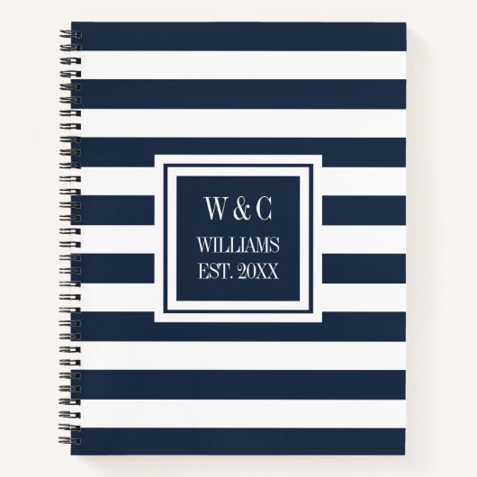 Trendy Monogram Navy Blauwe Streep Familienaam Notitieboek (Voorkant)