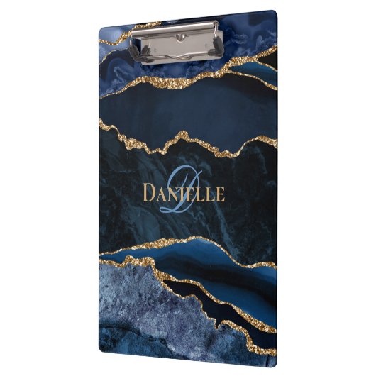 Trendy Monogram Navy Blue Goud Agaat Klembord (Links)