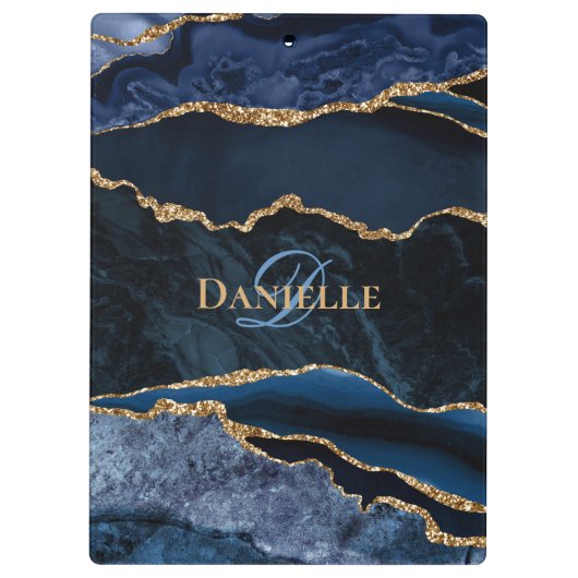 Trendy Monogram Navy Blue Goud Agaat Klembord (Achterkant)