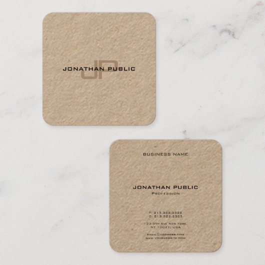 Trendy Monogram Premium Real Kraft Paper Sjabloon Vierkante Visitekaartje (Voorkant / Achterkant)
