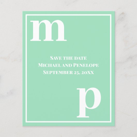 Trendy Monogram Seafoam Green Budget Save the Date Flyer (Voorkant)