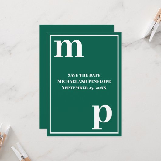 Trendy Monogram Smaragdgroene Save the Date  Kaart (Voorkant / Achterkant in situ)