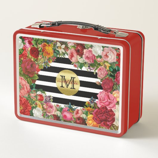 Trendy Monogram Stripes Rozen Flowers Gold Glitter (Achterkant)