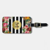Trendy Monogram Stripes Rozen Flowers Gold Glitter Bagagelabel (Voorkant horizontaal)