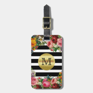 Trendy Monogram Stripes Rozen Flowers Gold Glitter Bagagelabel