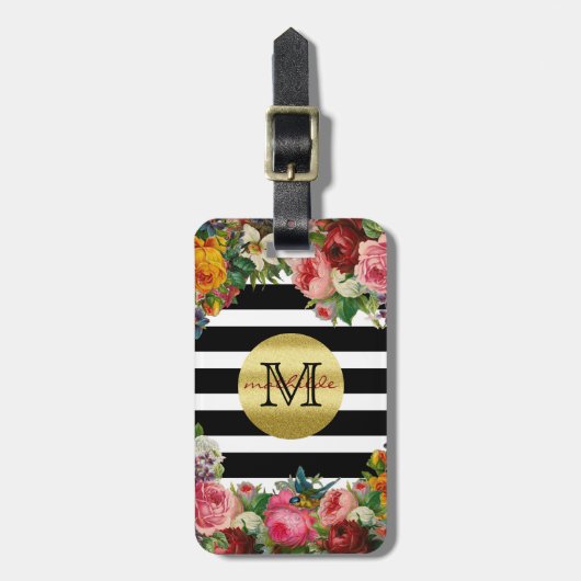 Trendy Monogram Stripes Rozen Flowers Gold Glitter Bagagelabel (Voorkant verticaal)