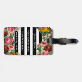 Trendy Monogram Stripes Rozen Flowers Gold Glitter Bagagelabel (Achterkant horizontaal)