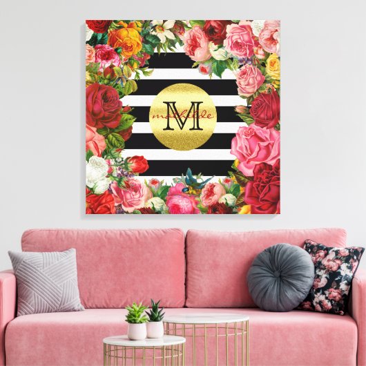 Trendy Monogram Stripes Rozen Flowers Gold Glitter Canvas Afdruk (Insitu (Woonkamer))