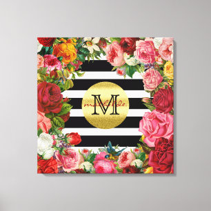 Trendy Monogram Stripes Rozen Flowers Gold Glitter Canvas Afdruk