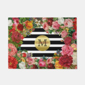 Trendy Monogram Stripes Rozen Flowers Gold Glitter Deurmat (Voorkant)