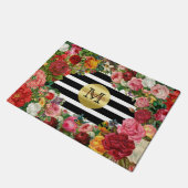Trendy Monogram Stripes Rozen Flowers Gold Glitter Deurmat (Schuin)