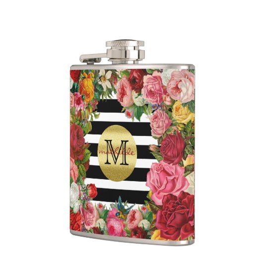 Trendy Monogram Stripes Rozen Flowers Gold Glitter Heupfles (Links)