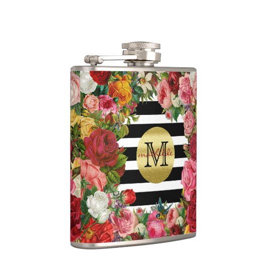 Trendy Monogram Stripes Rozen Flowers Gold Glitter Heupfles (Rechts)