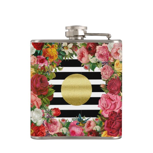 Trendy Monogram Stripes Rozen Flowers Gold Glitter Heupfles (Achterkant)