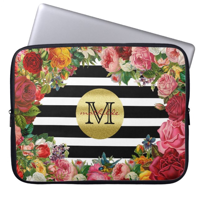 Trendy Monogram Stripes Rozen Flowers Gold Glitter Laptop Sleeve (Voorkant)