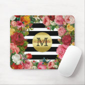 Trendy Monogram Stripes Rozen Flowers Gold Glitter Muismat (Met muis)