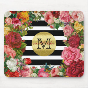 Trendy Monogram Stripes Rozen Flowers Gold Glitter Muismat