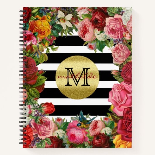 Trendy Monogram Stripes Rozen Flowers Gold Glitter Notitieboek (Voorkant)