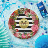 Trendy Monogram Stripes Rozen Flowers Gold Glitter Papieren Bordje (Feest)