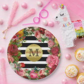 Trendy Monogram Stripes Rozen Flowers Gold Glitter Papieren Bordje (Feest)
