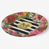 Trendy Monogram Stripes Rozen Flowers Gold Glitter Papieren Bordje (Gekanteld)