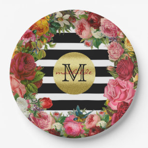 Trendy Monogram Stripes Rozen Flowers Gold Glitter Papieren Bordje