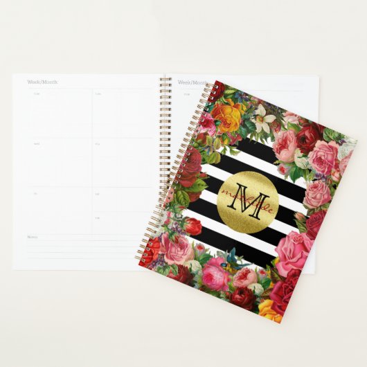 Trendy Monogram Stripes Rozen Flowers Gold Glitter Planner (Display)