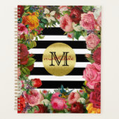 Trendy Monogram Stripes Rozen Flowers Gold Glitter Planner (Voorkant)