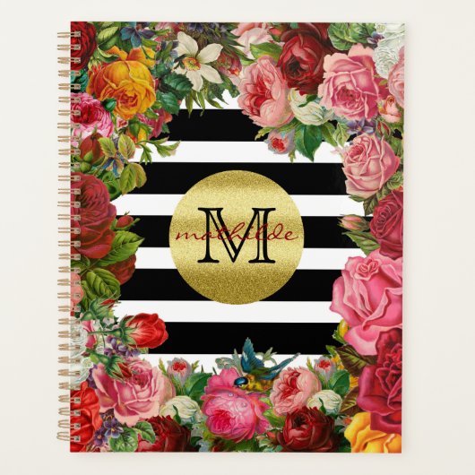 Trendy Monogram Stripes Rozen Flowers Gold Glitter Planner (Voorkant)