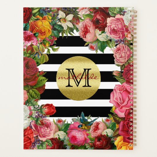 Trendy Monogram Stripes Rozen Flowers Gold Glitter Planner (Achterkant)