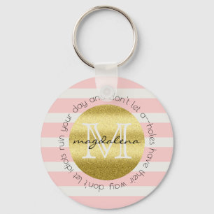 Trendy Monogram Stripes Rozen Flowers Gold Glitter Sleutelhanger