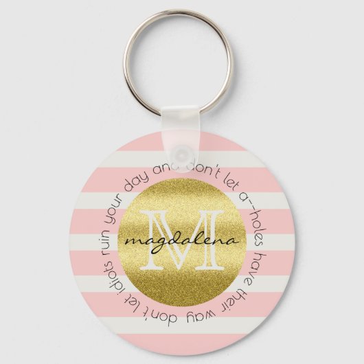 Trendy Monogram Stripes Rozen Flowers Gold Glitter Sleutelhanger (Voorkant)