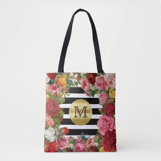 Trendy Monogram Stripes Rozen Flowers Gold Glitter Tote Bag (Voorkant)