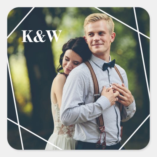 Trendy Monogram Wedding Foto Vierkante Sticker (Voorkant)