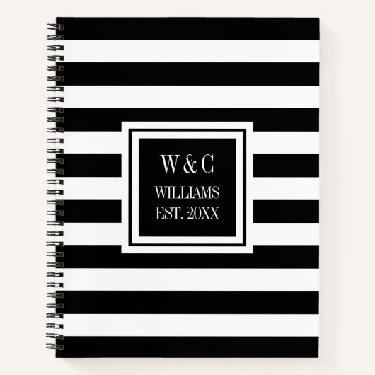 Trendy Monogram Zwart Streep Familienaam Notitieboek (Voorkant)